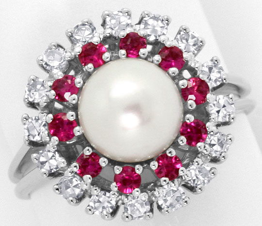 Foto 2 - Weißgold-Ring mit Diamanten Spitzen Rubinen Zuchtperle, S4529