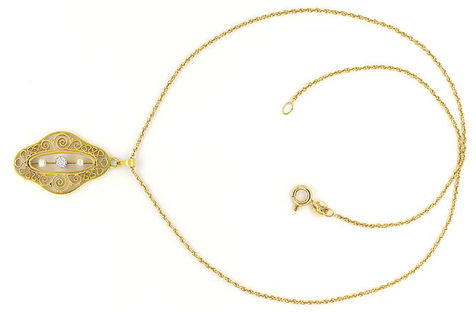 Foto 1 - Anhänger antik Gold-Platin Perlen und Diamant mit Kette, S9581
